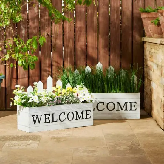 Glitzhome&reg; White Wood WELCOME Fence-Inspired Planter Stand Set {3}