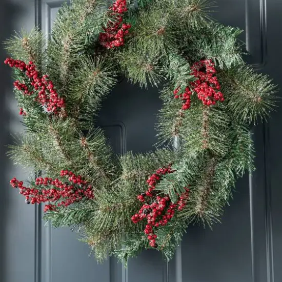 Glitzhome&reg; 24" Christmas Sugared Pine Needle & Berry Wreath {5}