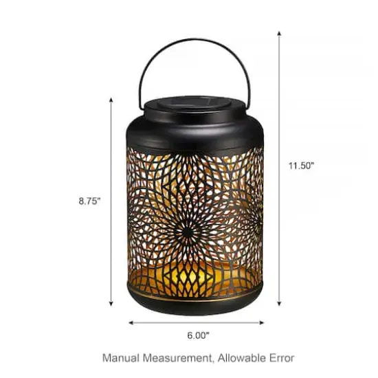 Glitzhome&reg; 9" Cutout Metal Solar Powered Outdoor Hanging Lantern Black/Gold {9}