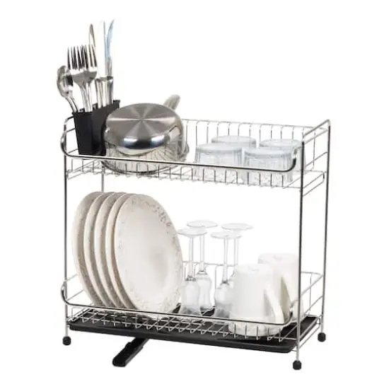 IRIS&reg; 17" Stainless Steel 2-Tier Dish Rack Black {9}
