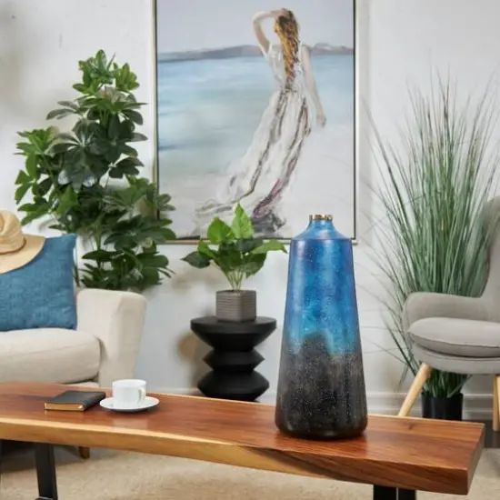 20" Blue Glass Galaxy Inspired Abstract Vase with Gold Top {9}