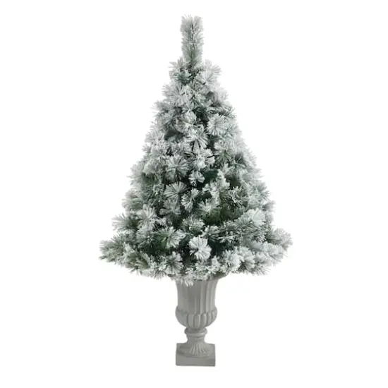 4.5ft. Pre-Lit Flocked Oregon Pine Artificial Christmas Tree in Decorative Urn, Clear Lights {4}