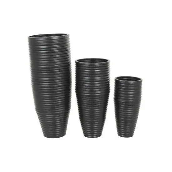 Black Ribbed Floor Metal Vase Set with Horizontal Grooves {7}