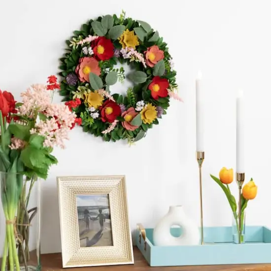13.75" Wooden Mixed Floral & Foliage Artificial Spring Wreath {3}