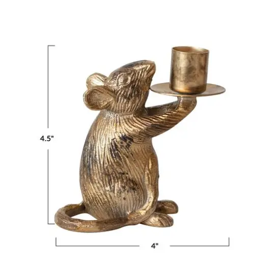 Hello Honey&reg; 4.5" Antique Gold Finish Cast Aluminum Mouse Taper Candle Holder {6}