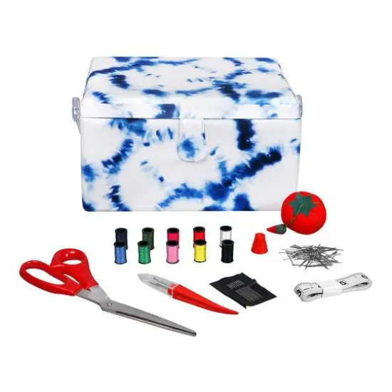 SINGER&reg; Large Blue & White Tie Dye Print Sewing Basket with Sewing Kit {1}