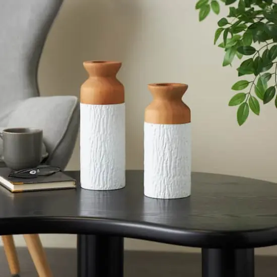 Brown & White Textured Metal & Wood Vase Set {3}