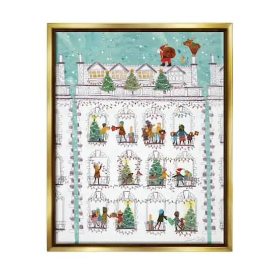 Stupell Industries Santa Claus Gifts City Rooftop Framed Floater Canvas Wall Art Gold {1}