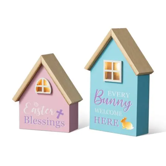 Glitzhome&reg; Lighted Easter Wooden House-Shaped Table D&eacute;cor Set {1}