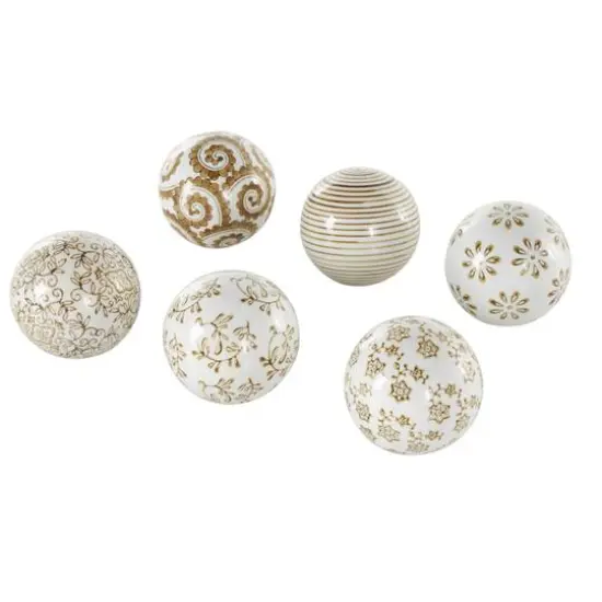 3.5" White & Brown Floral Ceramic Decorative Ball Orbs Set {6}