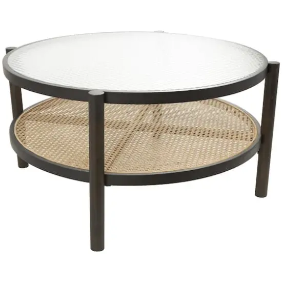 34" Brown Rattan Coffee Table with Pressed Tempered Glass Top {4}