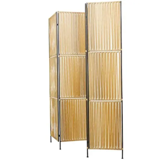 Light Brown Rattan Handmade Hinged Foldable Partition 4 Panel Room Divider Screen with Wrapped Seagrass Design 63" x 1" x 71" {3}
