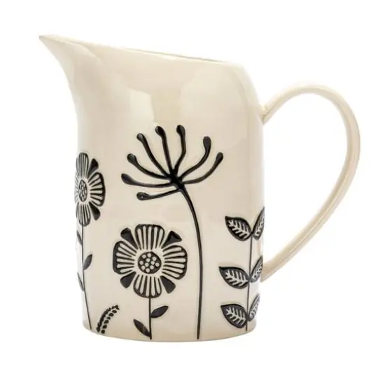 Hello Honey&reg; 62oz. Cream & Black Hand-Painted Embossed Flowers Stoneware Pitcher {5}