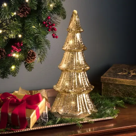 Gold Lighted Faux Mercury Glass Tabletop Tree {3}