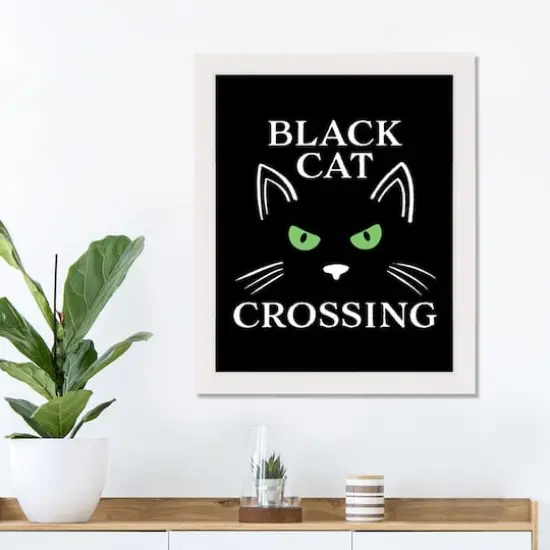 Black Cat Crossing White Framed Print Wall Art {3}
