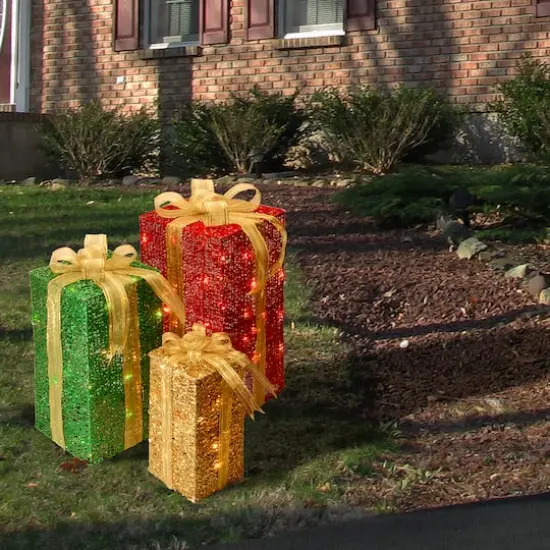 Set of 3 Sisal Gift Box, Clear Mini Lights {3}