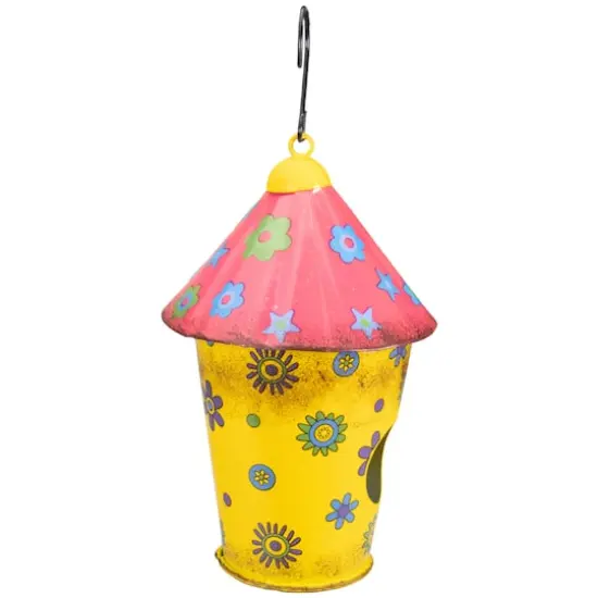 7.75" Red & Yellow Metal Birdhouse With Flowers {5}