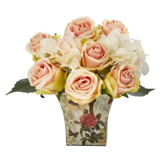 8" Rose & Hydrangea Bouquet in Floral Vase {1}