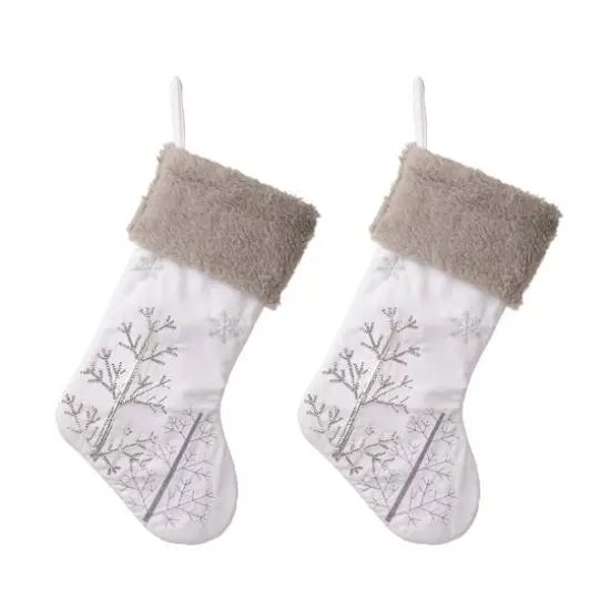 Glitzhome&reg; 21" White Fleece Stocking with Christmas Tree & Snowflake, 2ct. {1}