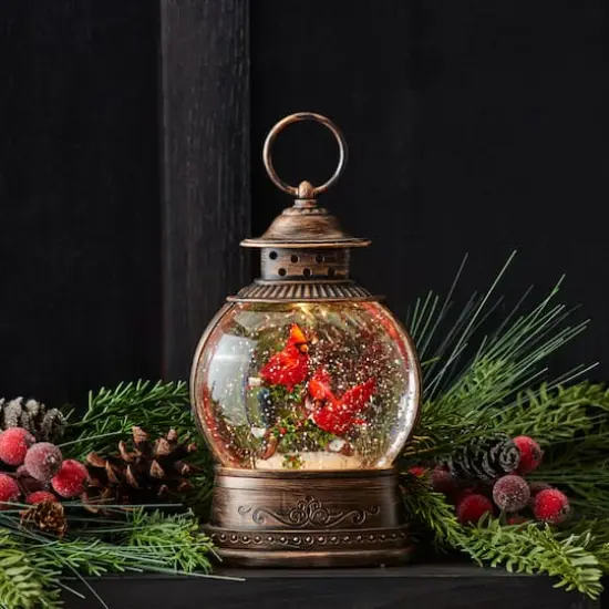 8.25" LED Snow Globe Lantern with Cardinal Bird Couple  {3}