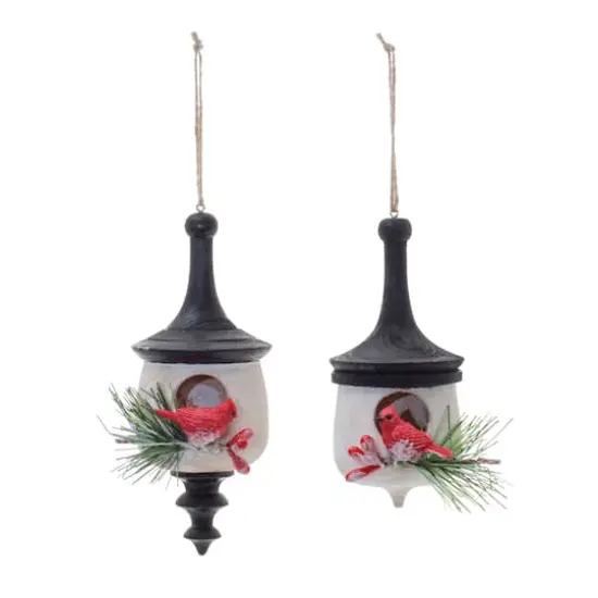 Wood Finial Birdhouse with Cardinal Ornaments Set {3}