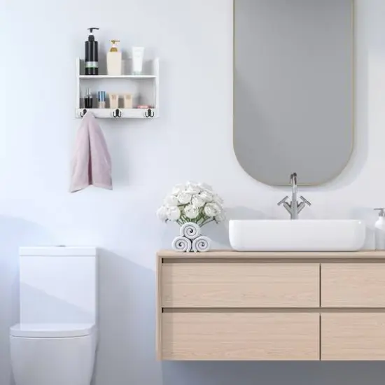 Rustic Wood Floating Storage Shelf with 3 Hooks Gray White {5}