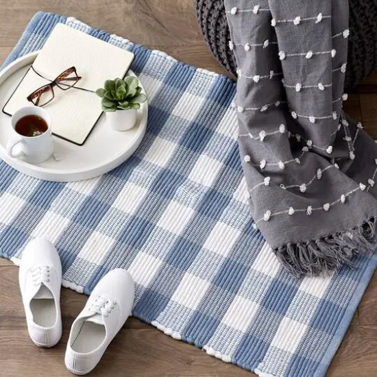 DII&reg; Buffalo Check Rag Rug, 26" x 40" Stonewash Blue and White {7}