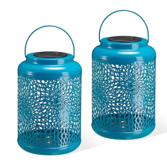 Glitzhome® 8.75" Metal Cutout Solar Powered Hanging Lantern Set Blue {1}
