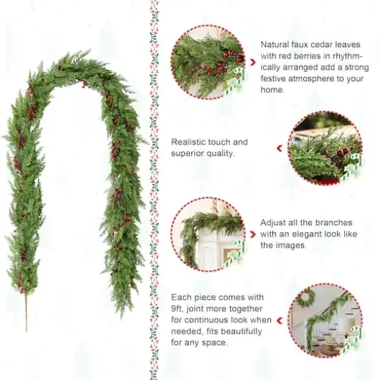 Glitzhome&reg; 9ft Christmas Greenery PE Cedar Garland with Red Berries {8}