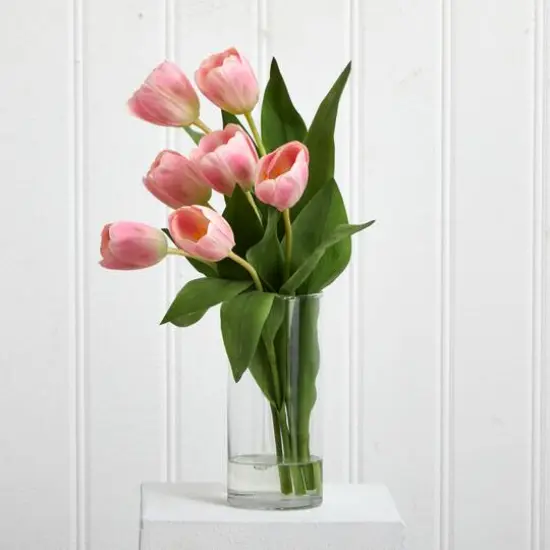 16" Pink Tulip Arrangement In Cylinder Vase {4}