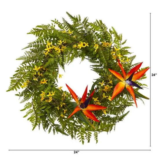 24'' Fern, Forsythia & Bird of Paradise Wreath {3}