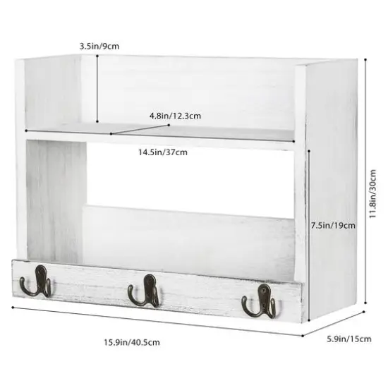Rustic Wood Floating Storage Shelf with 3 Hooks Gray White {4}