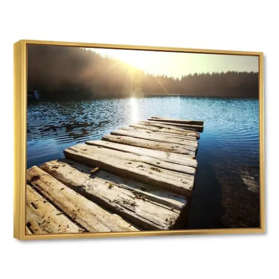 Designart - Large Wooden Pier into the Lake - Seashore Framed Canvas Art Print Gold {1}