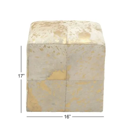 17" Gold Leather & Wood Glam Ottoman {4}