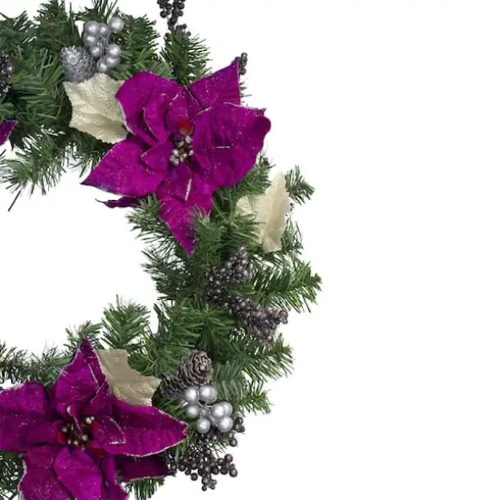 24" Two-Tone Pine with Purple Poinsettias & Berries Wreath {7}
