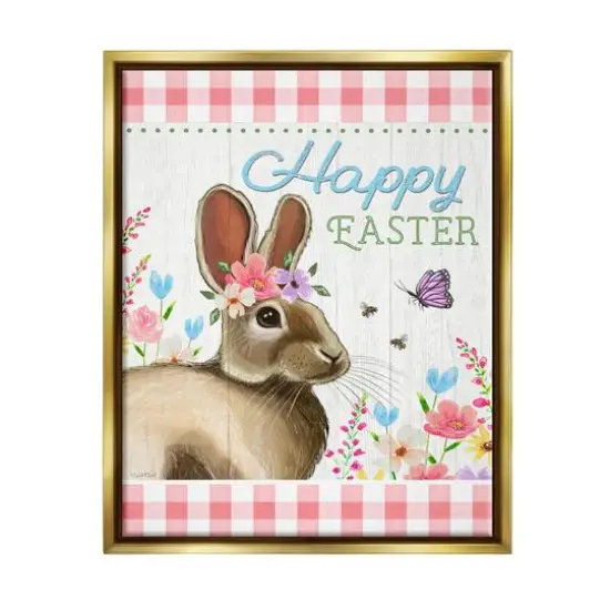 Stupell Industries Happy Easter Floral Gingham Rabbit Floater Framed Art Gold {1}