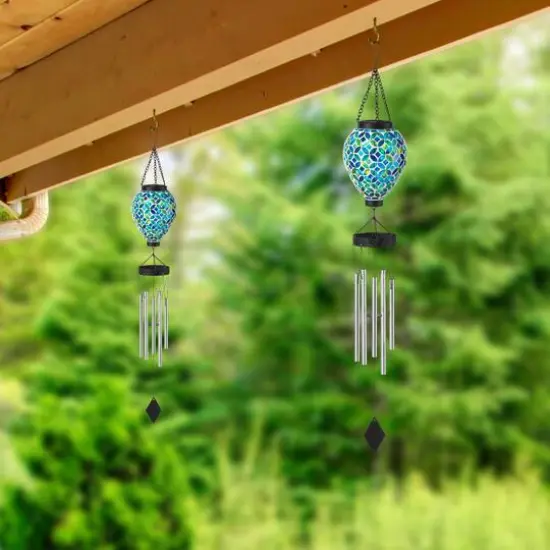 Glitzhome&reg; 37" Blue & Green Solar Lighted Metal & Glass Mosaic Windchime {4}