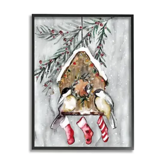 Stupell Industries Holiday Stockings Birdhouse Perched Framed Giclee Art Black {1}