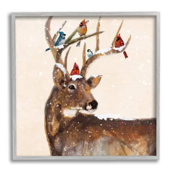 Stupell Industries Cardinals Perched Snowy Antlers Framed Giclee Art Gray {1}