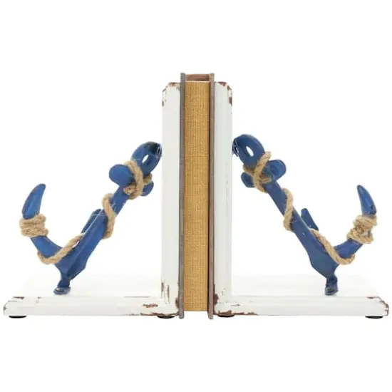 8" Blue Wood Anchor Distressed Bookends with Rope Accents & White Wood Stands Set {5}