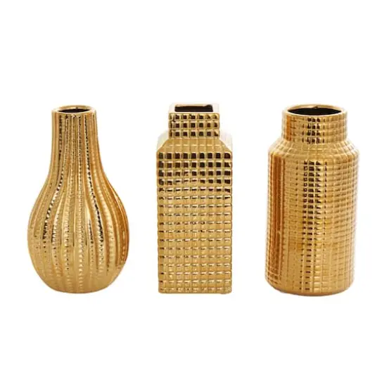8" Gold Ceramic Geometric Dimensional Textured Vase Set with Grid Patterns {1}
