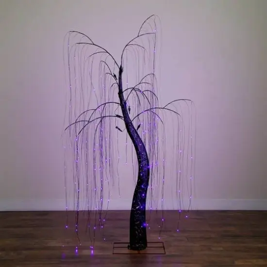 7ft. Pre-Lit Artificial Halloween Black Willow Tree with 600 Purple and Orange Dual Color LED Lights {13}