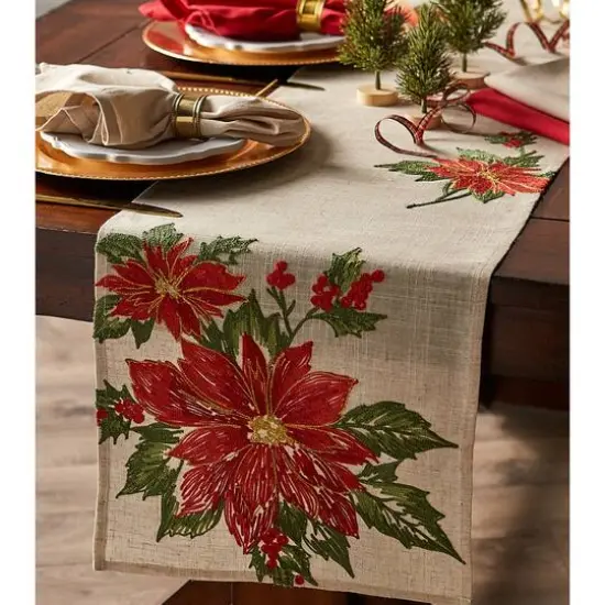 DII&reg; 70" Cream Poinsettia Holly Embroidered Table Runner {4}