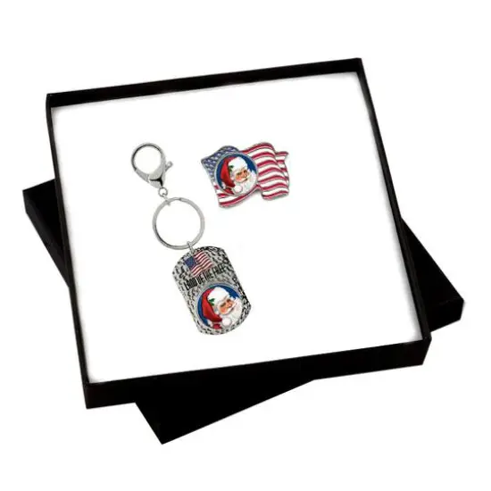 Patriotic Santa Colorized Quarter Flag Pin and Key Chain Gift Set {1}