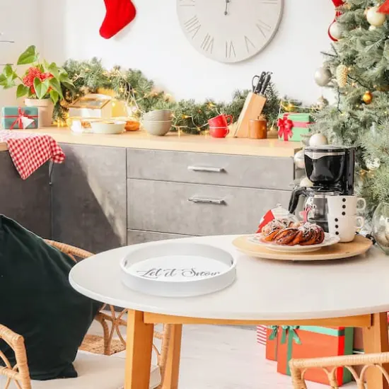 Elegant Designs&trade; 13.8" Round White Wash Let It Snow Serving Tray with Handles {5}