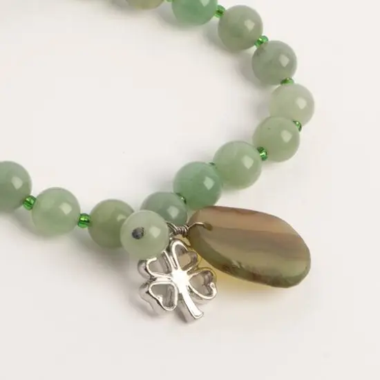 John Bead Aventurine Green Natural Stone Bracelet with Agate & Clover Charms {3}