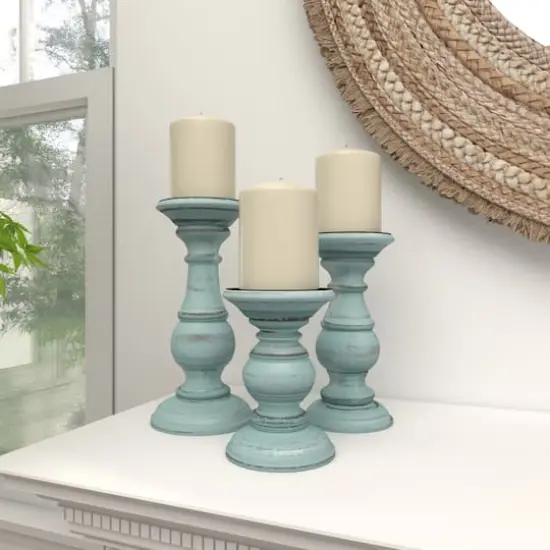 Mango Wood Traditional Candle Holder Set Light Blue {3}