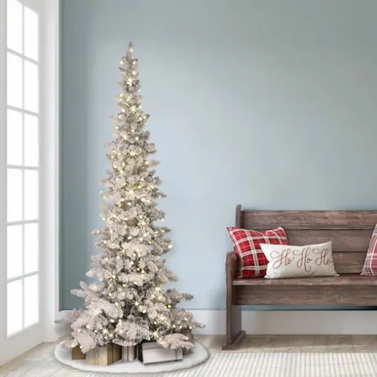 6.5 ft Pre-Lit Flocked Whistler Artificial Pine Tree, Warm White LED Lights {3}