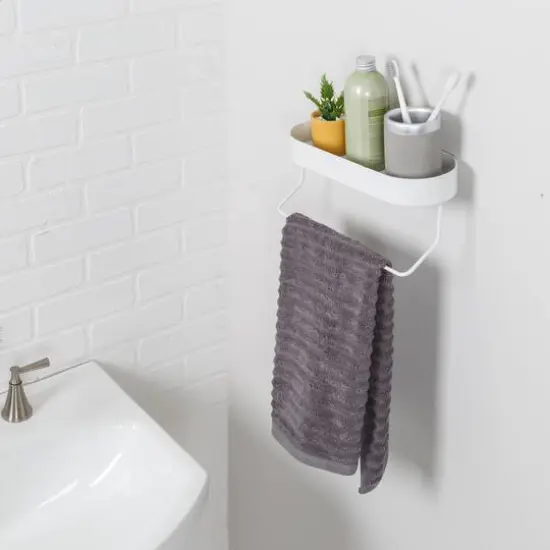 Honey Can Do White Wall Mounted Bathroom Shelf with Towel Bar & Oval Top Tray {3}