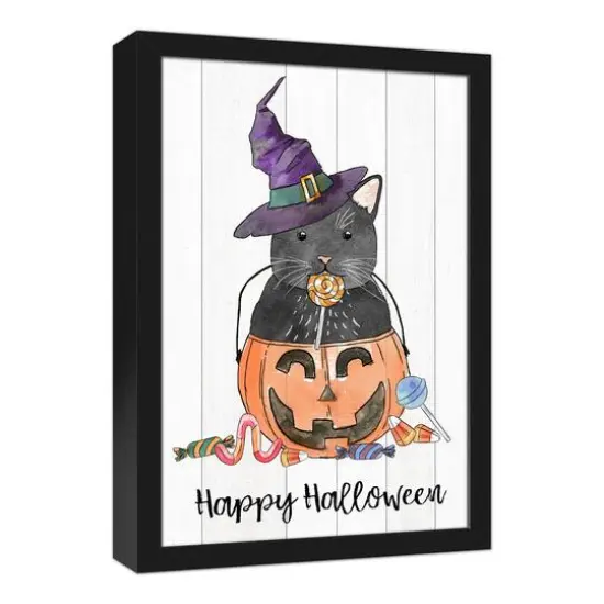 Black Cat Candy Jack-O-Lantern Black Framed Canvas Wall Art {3}